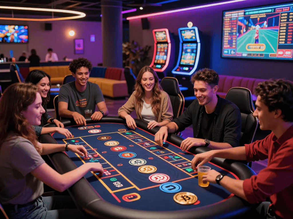 Exciting crypto casino scene with diverse players engaging at a digital roulette table.
