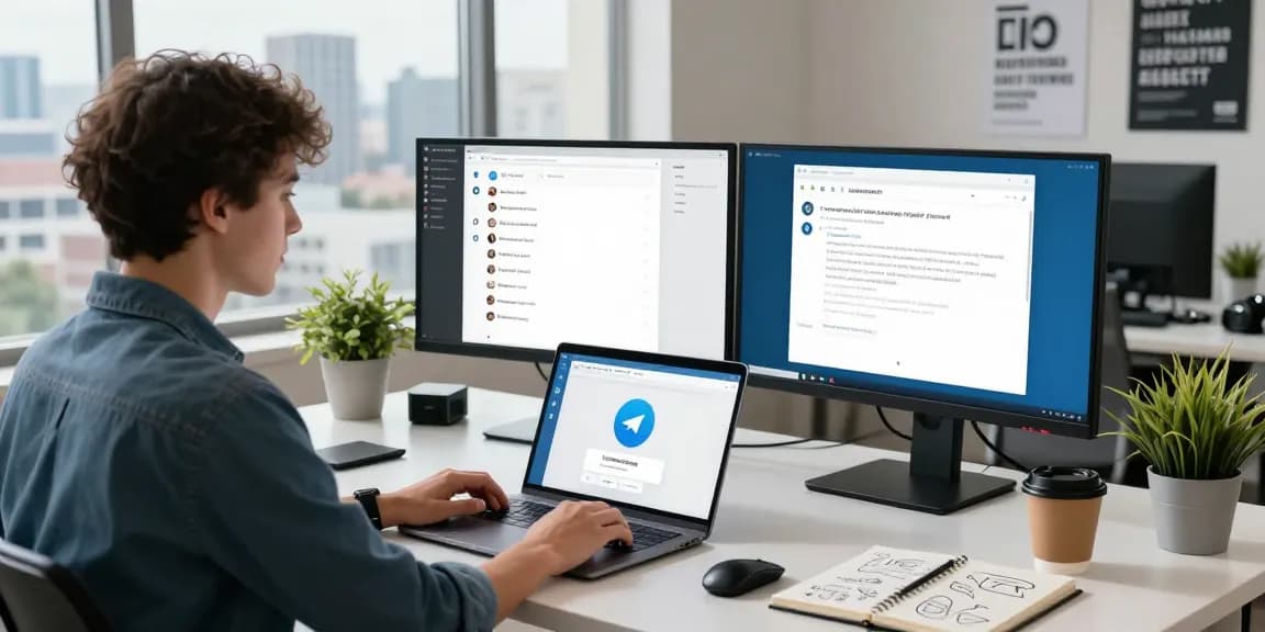 Professional workspace using Telegram web version on laptop with city skyline view.