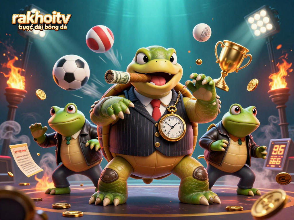 Engage with rakhoitv trực tiếp bóng đá through this lively illustration featuring a snapping turtle in a mobster suit and bullfrogs amidst sports-themed elements.