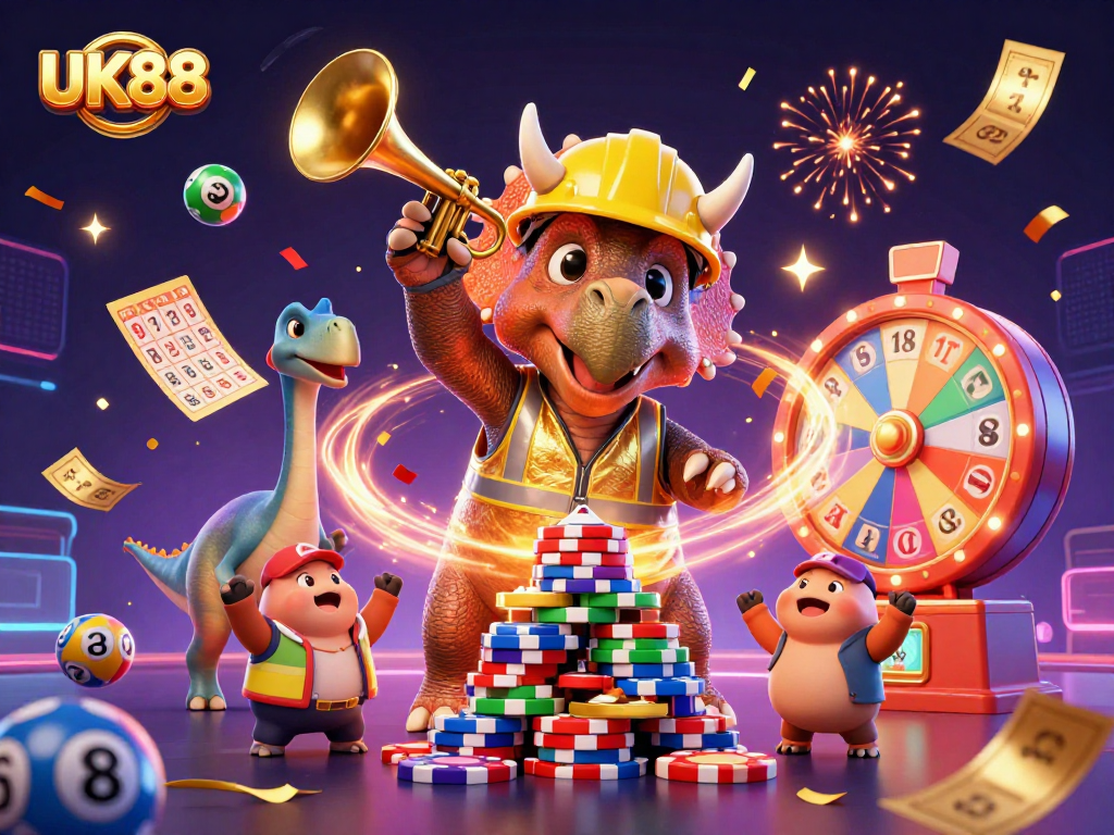 Experience UK88 with vibrant casino-themed celebration featuring lottery balls and cheer