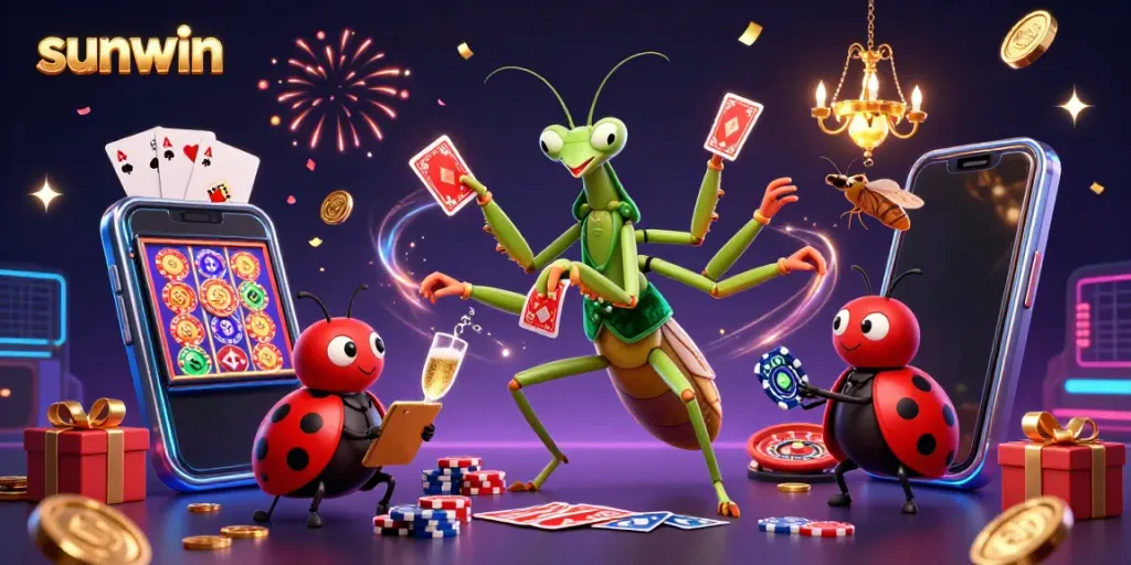 Win big with sunwin in this vibrant casino-themed 3D illustration featuring games and characters.