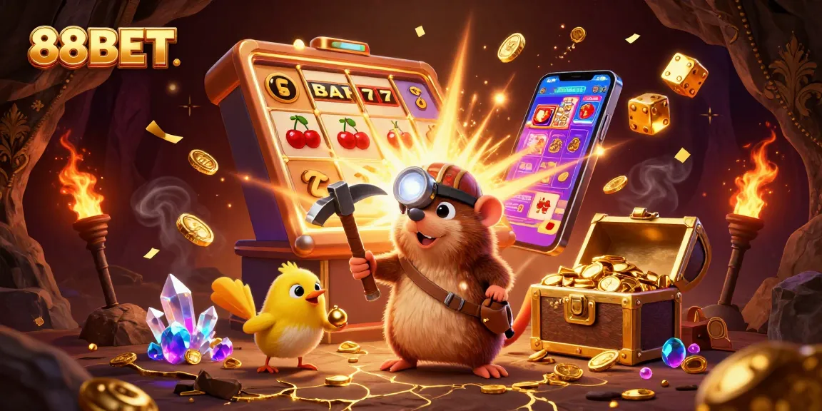 Engage in thrilling games with 88BET's vibrant 3D illustration showcasing winning moments and excitement.