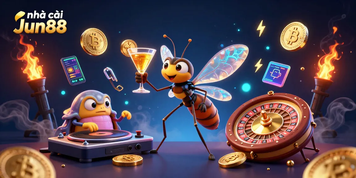 Experience casino excitement with nhà cái Jun88 in a vibrant 3D illustration featuring unique characters and elements.