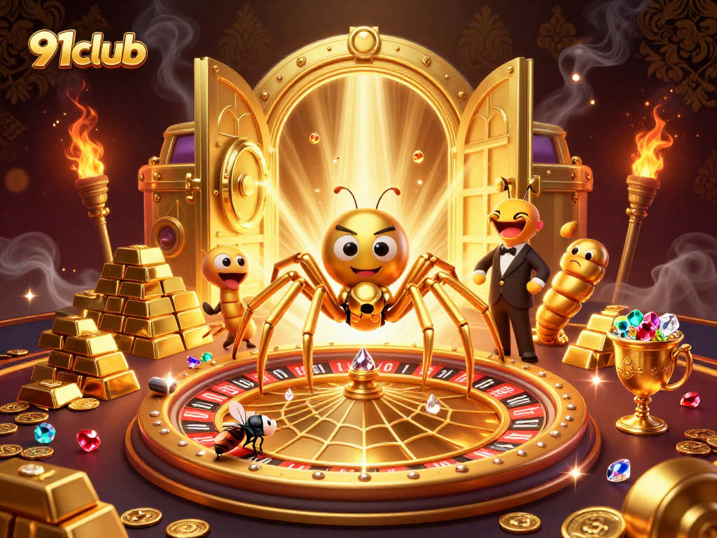 Engage in thrilling bets at 91club with a vibrant casino scene featuring unique characters.