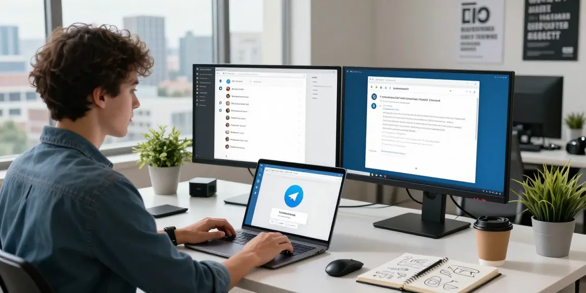 Professional workspace using Telegram web version on laptop with city skyline view.