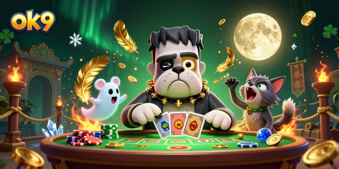 Engage with ok9's thrilling atmosphere featuring a charming bulldog dealer and ghostly companions.