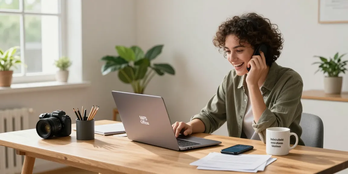 WPS Download in a home office, professional engaging with tech and documents.