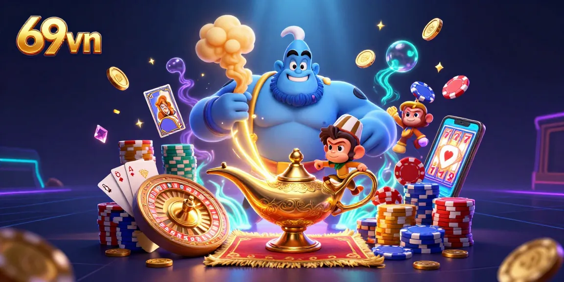 Engage with the thrilling world of 69vn, featuring a dynamic 3D cartoon genie, monkey, and casino elements.