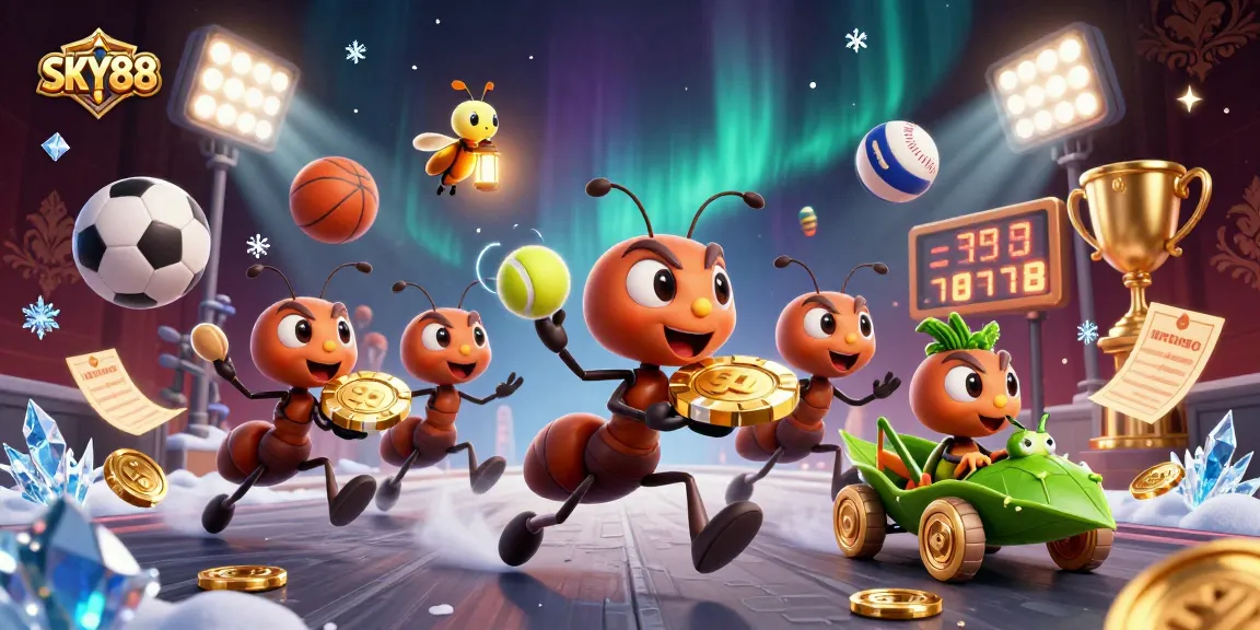 Experience thrilling sports betting at SKY88 with dynamic elements like a golden chip and sports balls.