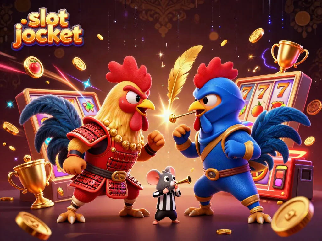 Witness a thrilling duel between roosters in samurai and ninja attire, celebrating the slot jackpot.