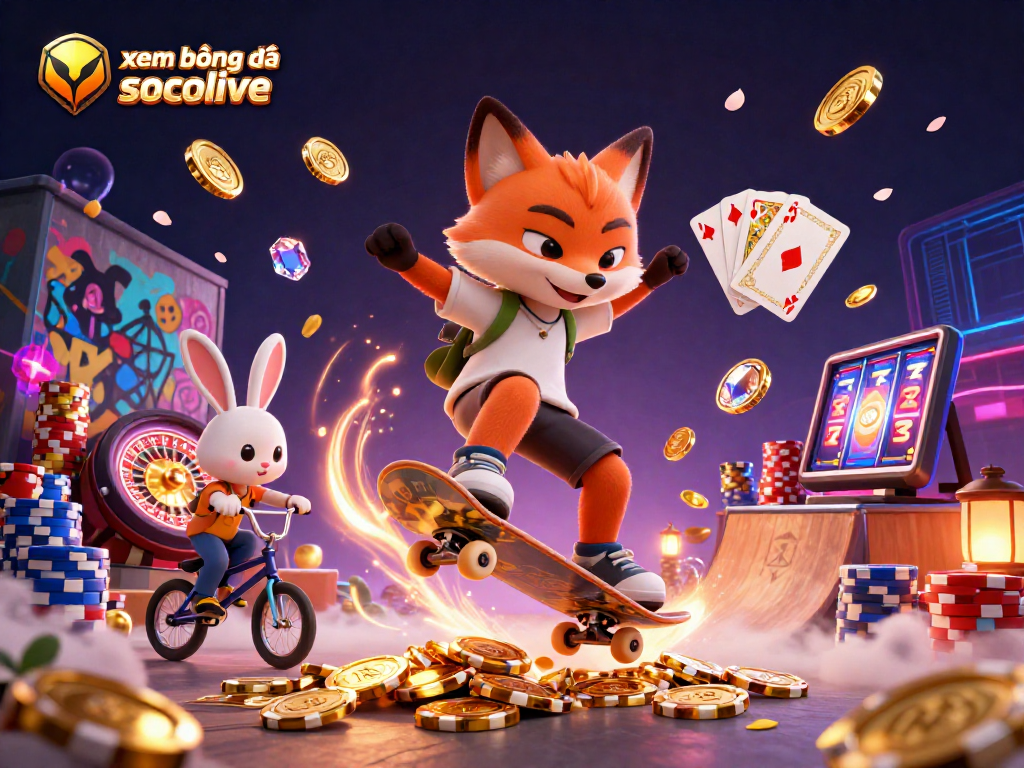 xem bóng đá socolive showcases a vibrant illustration of a skateboarder fox and BMX rabbit surrounded by casino elements.
