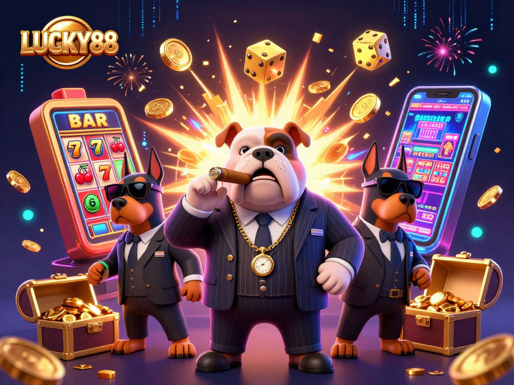 LUCKY88 showcases a vibrant casino scene with a mafia bulldog and Doberman bodyguards amid a jackpot explosion.