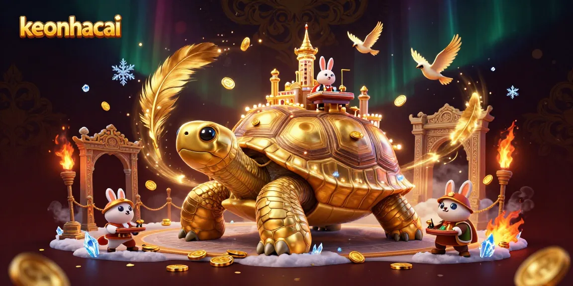 Engage with keonhacai through this vibrant, dynamic casino scene featuring a golden tortoise and a rabbit dealer.