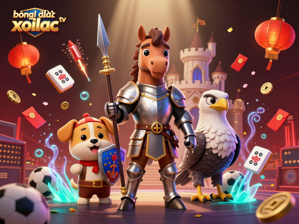 Bóng đá trực tuyến xoilac tv: Dynamic sports betting scene with knight, puppy, and falcon.