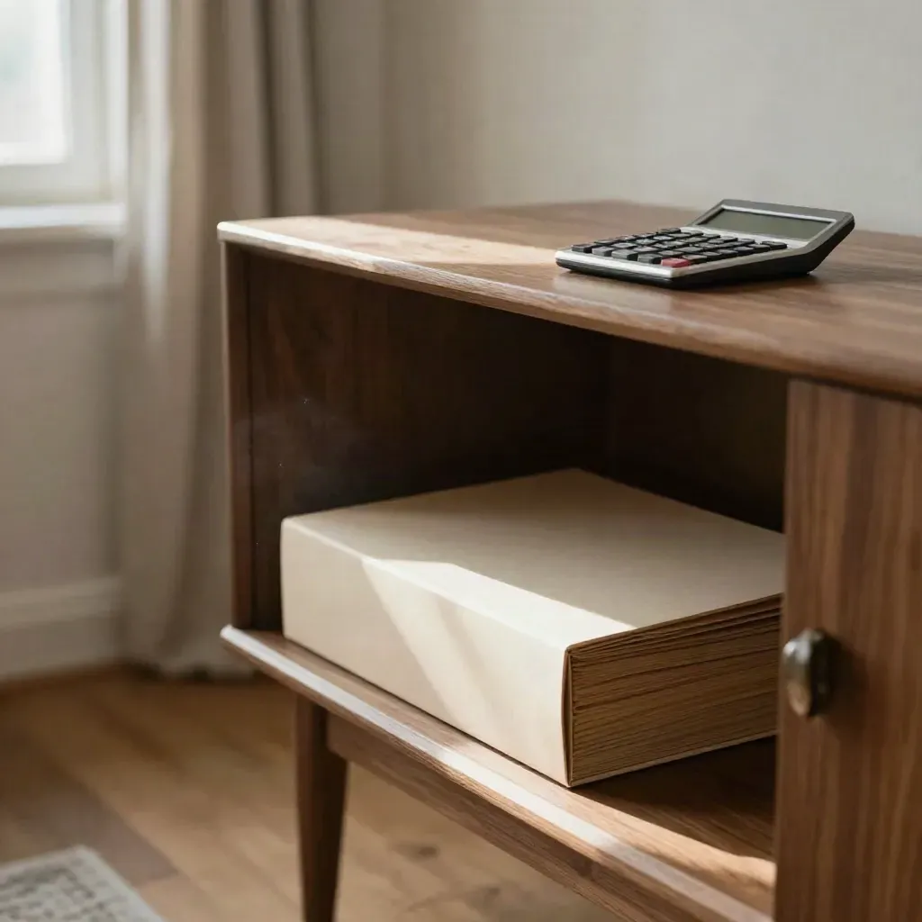 Avskalad sideboard med folder och miniräknare i ett varmt, lugnt vardagsrum.