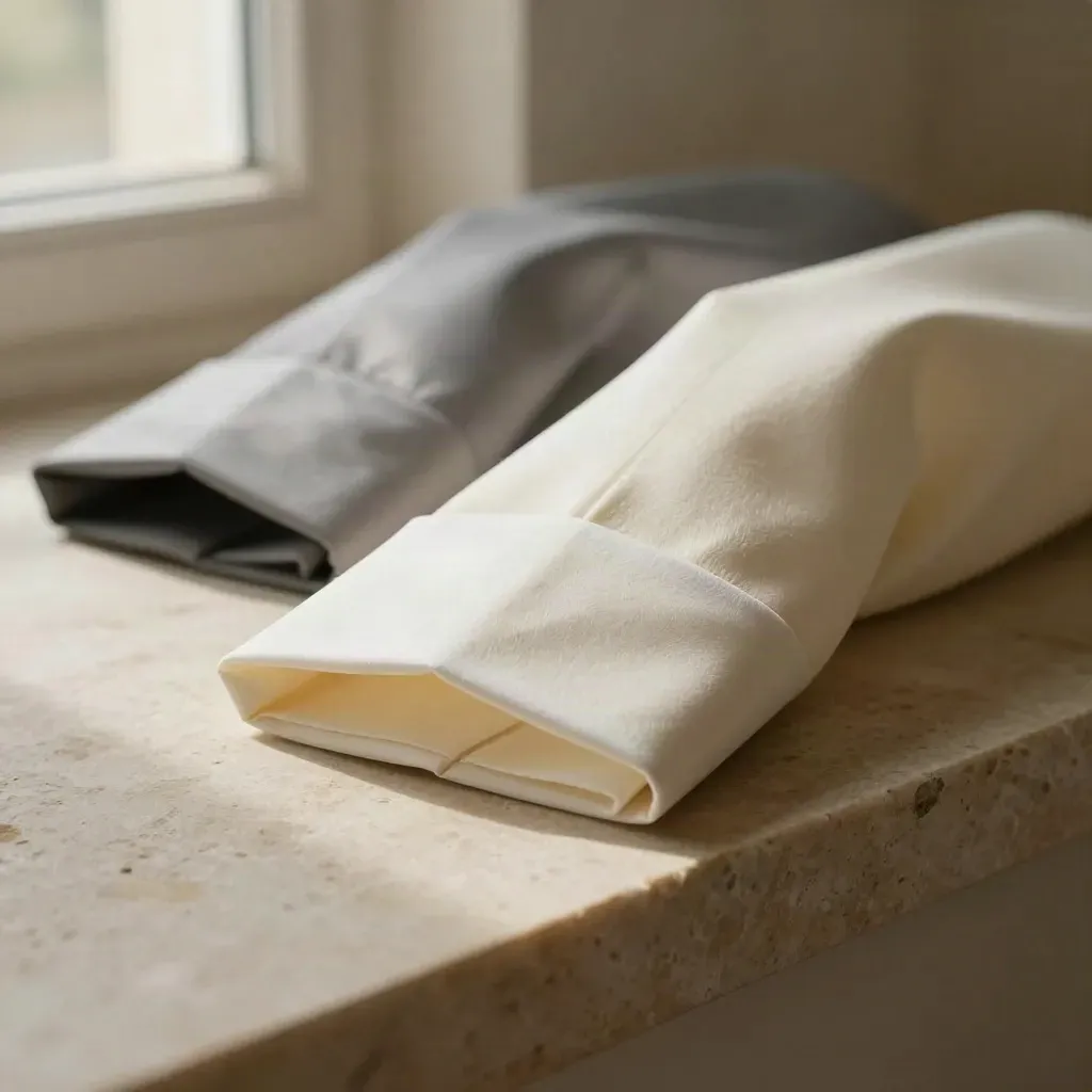 Tre neutrala lånsleeves på en ljus stensockel, där den valda ligger längst fram.