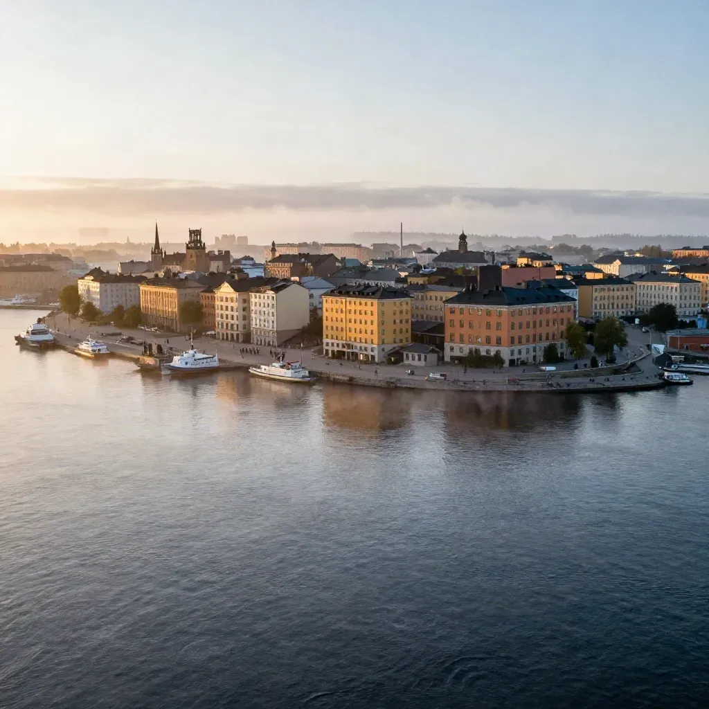 Stockholms skyline och skärgård i gyllene kvällsljus över lugnt vatten.