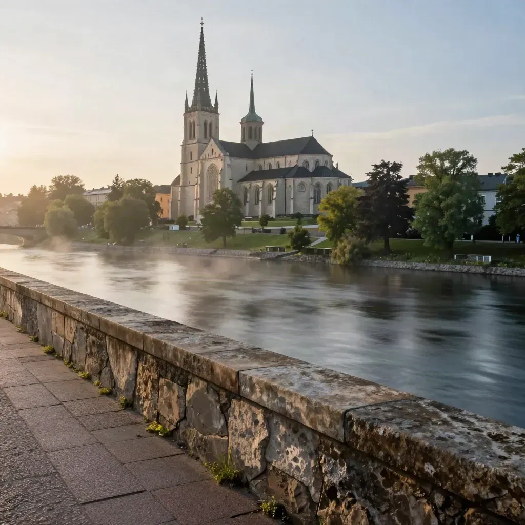 Uppsala domkyrka över ån i kvällshaze med lugna träd och mjuk vattenyta.