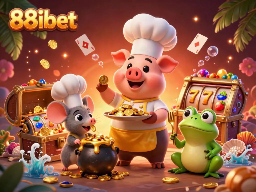 Engage with 88ibet's vibrant casino experience as a chef pig serves gold coins, revealing exciting game elements.