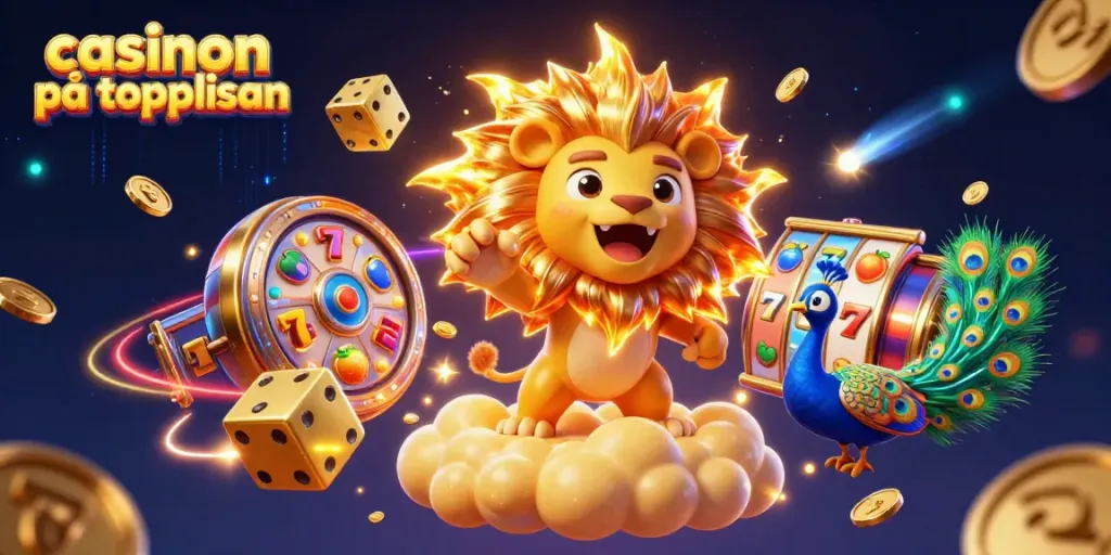 Upplev casinon på topplistan med 3D-illustration av en lejonkaraktär och slot-symboler.