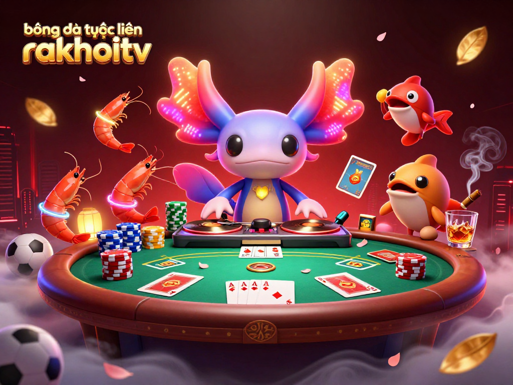 bóng đá trực tuyến rakhoitv showcases a vibrant axolotl DJ spinning records, creating a lively casino scene.