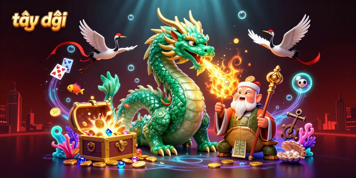Engage with thrilling gameplay at tại đây, featuring a vibrant 3D illustration of a jade dragon, turtle sage, and lucky cranes.