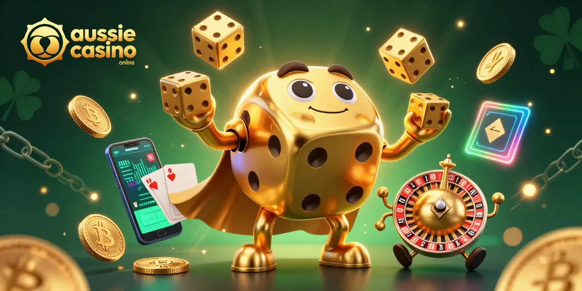 Engage with the exciting scene of aussie casino online featuring animated dice golem and crypto elements.