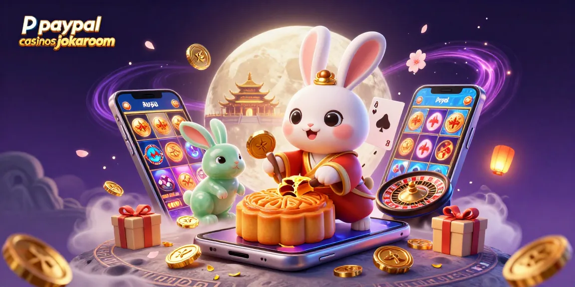 Engaging 3D illustration of paypal casinos jokaroom featuring a cartoon moon rabbit amid slot games and poker elements.