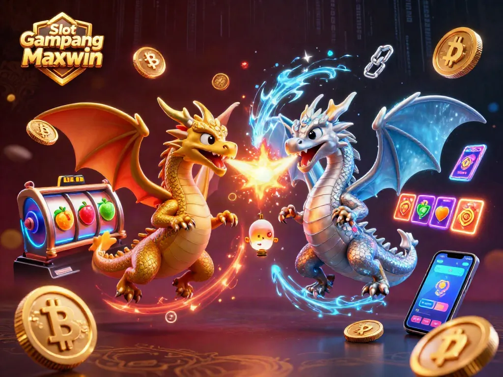 Spin the wheels with Slot Gampang Maxwin in a vibrant, dynamic casino scene full of dragons and crypto elements.