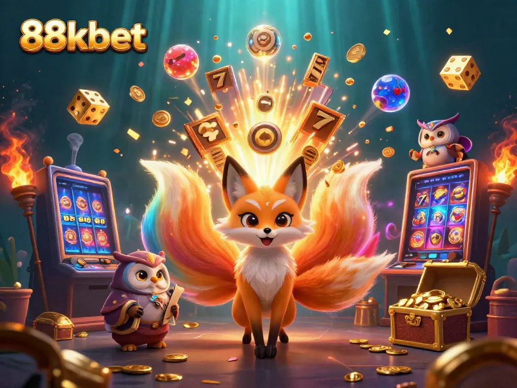Experience vibrant casino excitement with 88kbet's dynamic jackpot scene in colorful 3D.