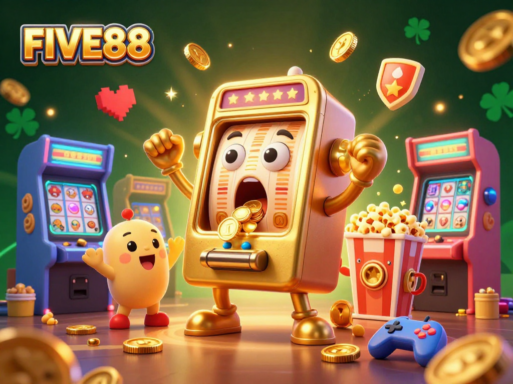 Experience the excitement of FIVE88 as golden slot machines celebrate a jackpot amidst a dynamic casino scene.
