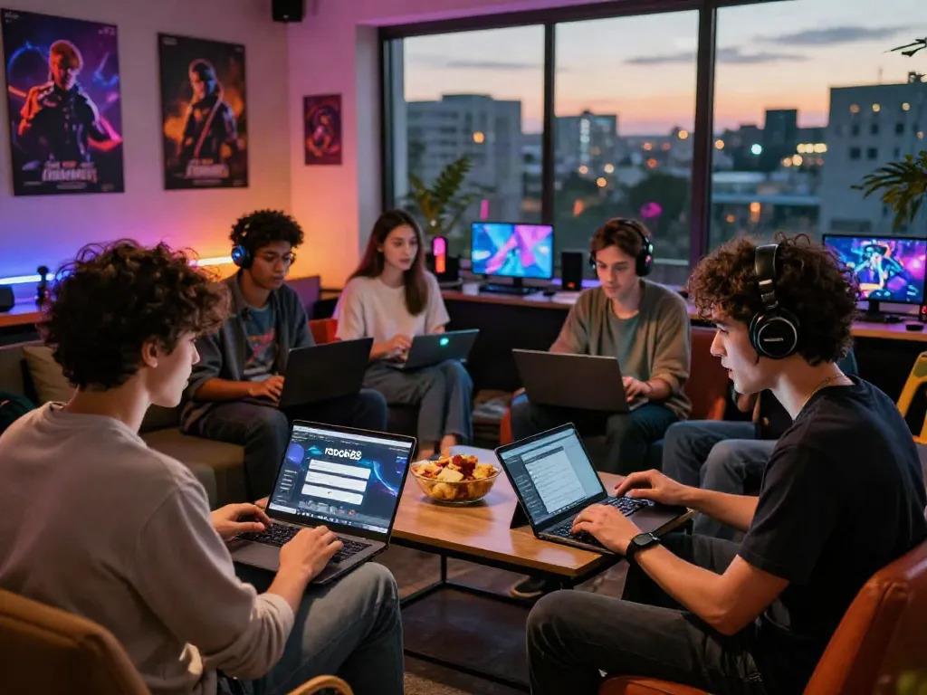 Diverse group discussing rokok88 login features in an inviting gaming lounge.