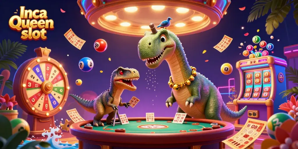Experience thrilling action in the Inca Queen slot, where a cartoon brontosaurus towers over a vibrant casino scene filled with colorful elements.