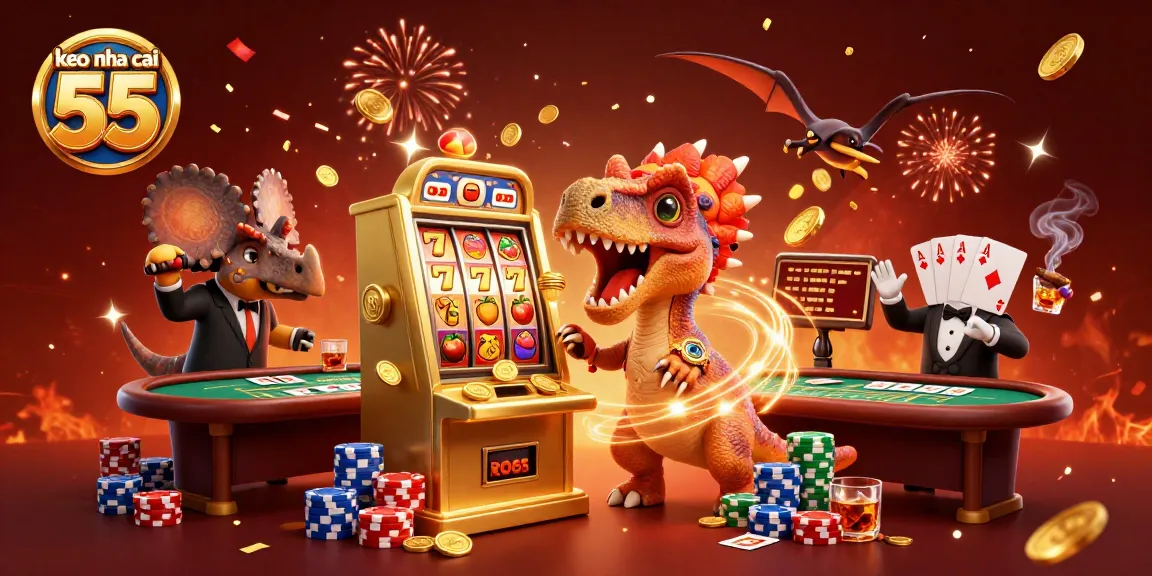 Catch golden coins with keo nha cai 55 as dinosaurs engage in a lively casino scene.