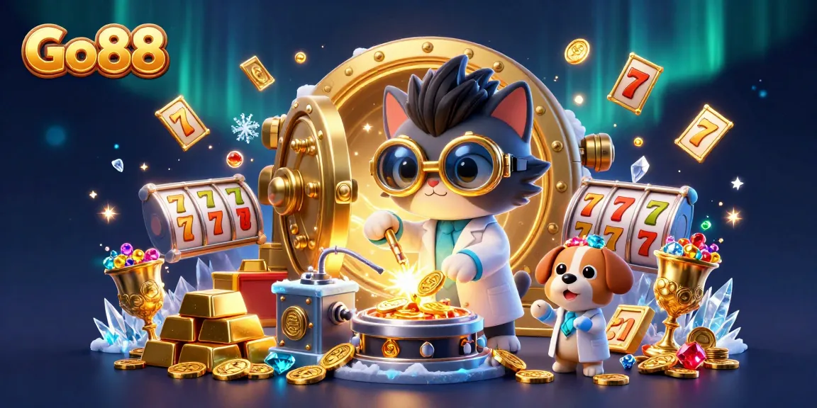 Experience the thrilling gaming action with Go88, featuring dynamic slot reels and treasure elements.