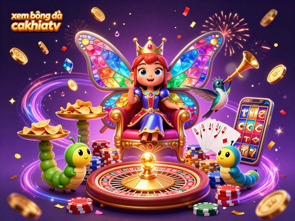 Enjoy xem bóng đá cakhiatv with vibrant 3D casino-themed art showcasing a butterfly queen and casino elements.