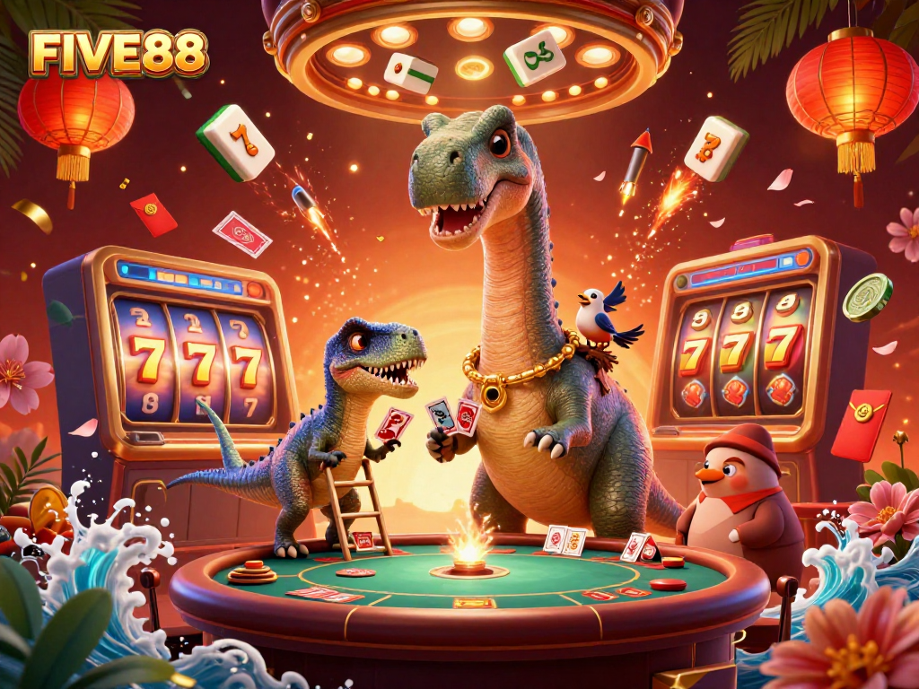 Experience the dynamic world of FIVE88 as a towering brontosaurus oversees a lively casino scene with vibrant action.