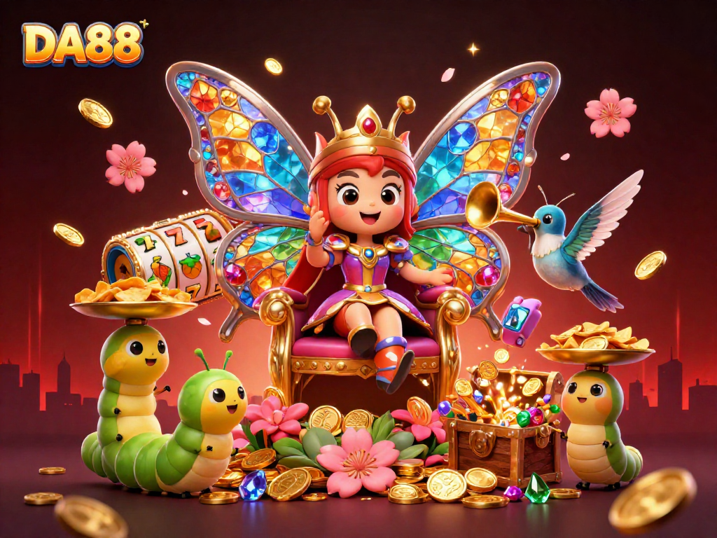 Experience DA88's vibrant 3D fantasy casino scene with characters and dynamic game elements.