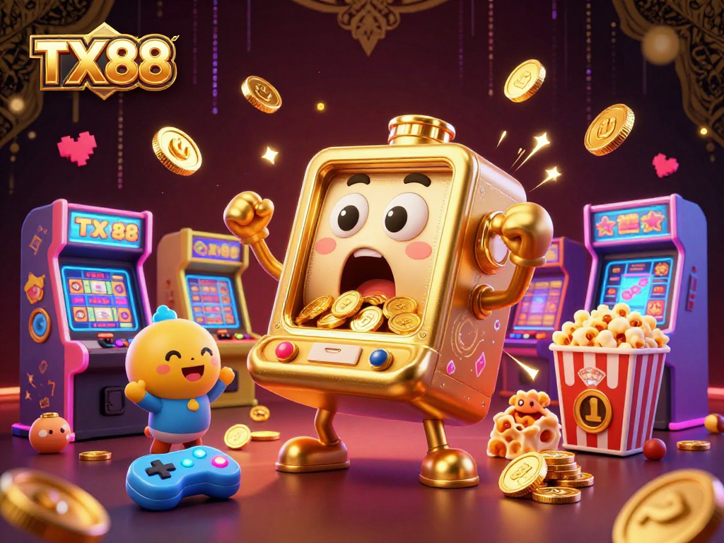 TX88 slot machine triumphs with golden coins pouring out, amidst energetic arcade fun.