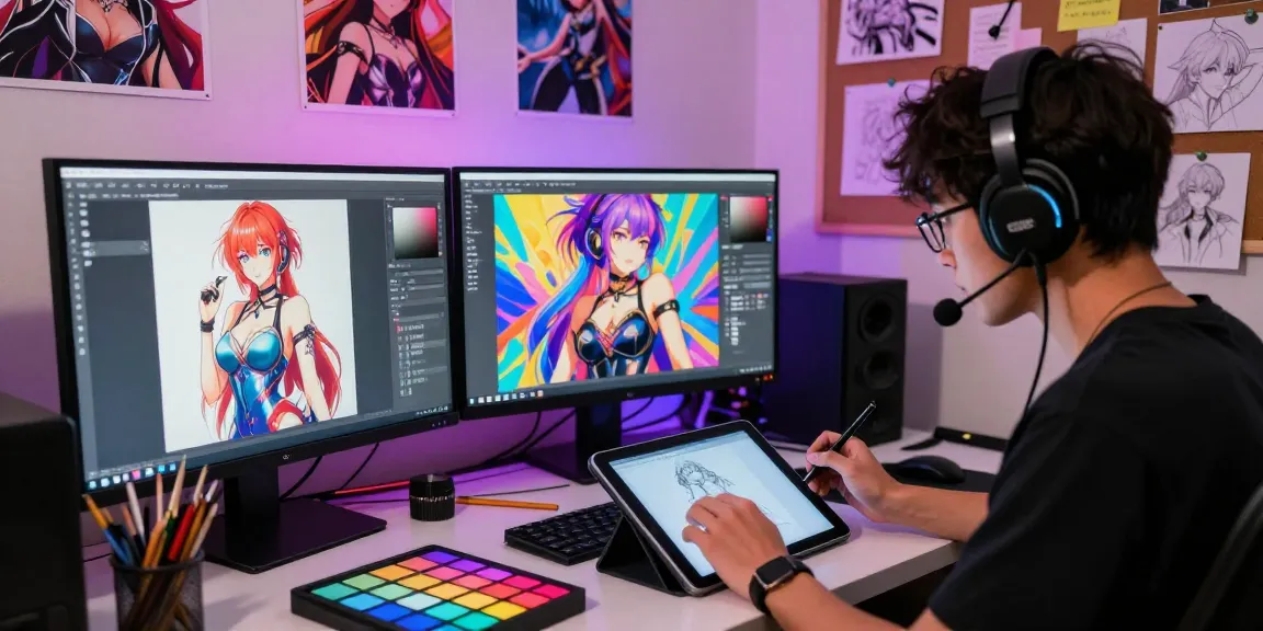 Creating AI hentai characters in a vibrant digital art studio with inspiring designs and creative energy.