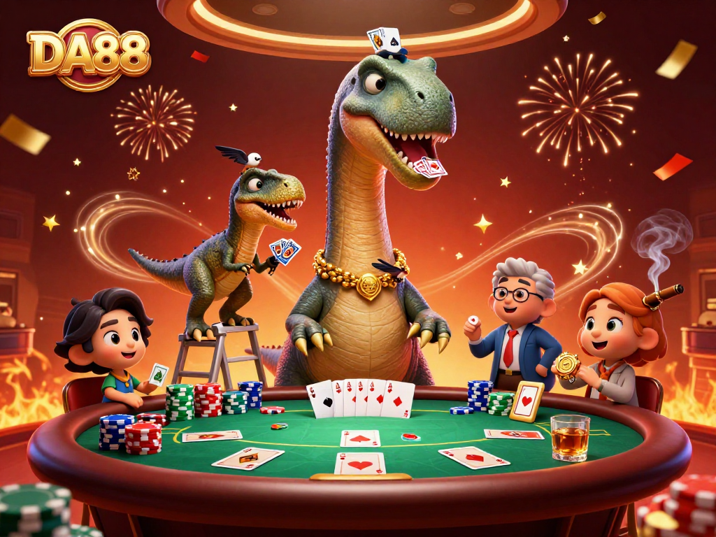 DA88 showcases a thrilling poker scene with a dinosaur dealer and festive atmosphere.