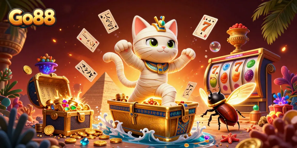 Experience exciting gaming at Go88 with a dynamic casino scene featuring vibrant characters and slot elements.