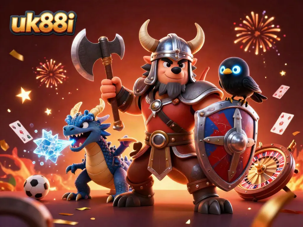 Experience thrilling gameplay at uk88i with an epic dragon and Viking warrior amidst casino action.