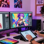 Creating AI hentai characters in a vibrant digital art studio with inspiring designs and creative energy.