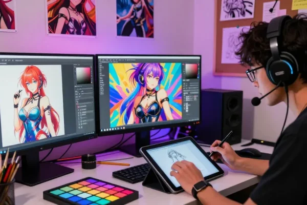 Creating AI hentai characters in a vibrant digital art studio with inspiring designs and creative energy.